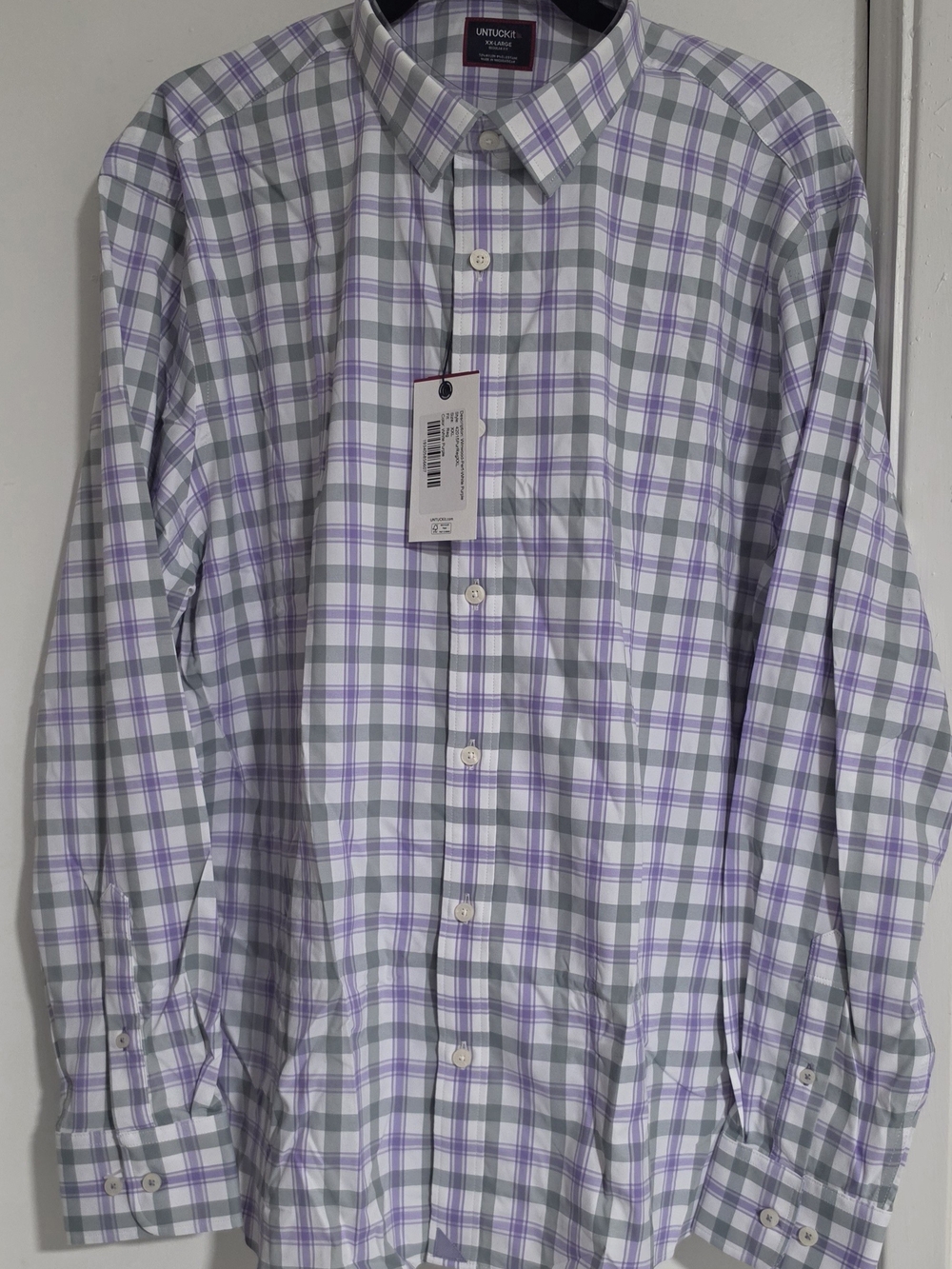 UNTUCKit White Shirt with Purple and Green Plaid
